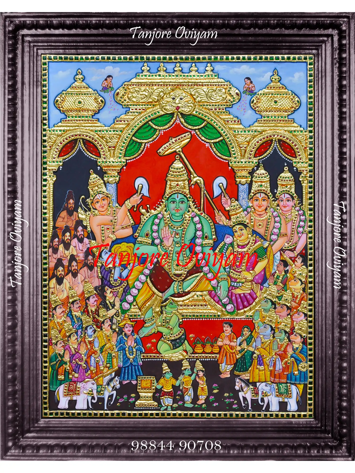 Authentic Ramar Pattabishegam Tanjore Painting depicting Lord Rama’s coronation with Sita, Lakshmana, Hanuman, and royal assembly handcrafted in gold foil